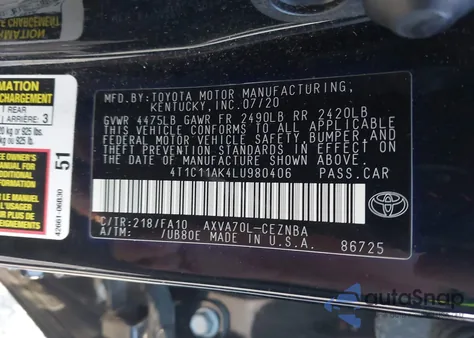 2020 Toyota Camry Le из США, поврежденный, VIN 4T1C11AK4LU980406